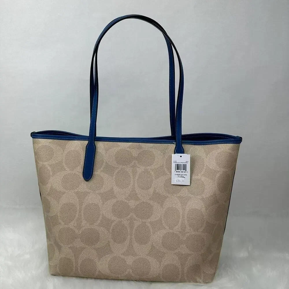 Coach City Tote Bag Signature Canvas W Coach Graphic Sand/Pacific Blue CY705 NWT